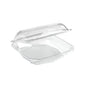 A Duni GmbH rPET Octaview® M Transparent rPET 185x185x70 food container with an open lid, pack (255 pieces), is depicted on a plain white background.