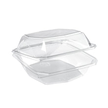 An opened rPET Octaview® M+ Transparent rPET 185x185x90 Clamshell Container from Duni GmbH, showing both the lid and the base; a clean, clear packaging, ideal for food. Pack (255 pieces).