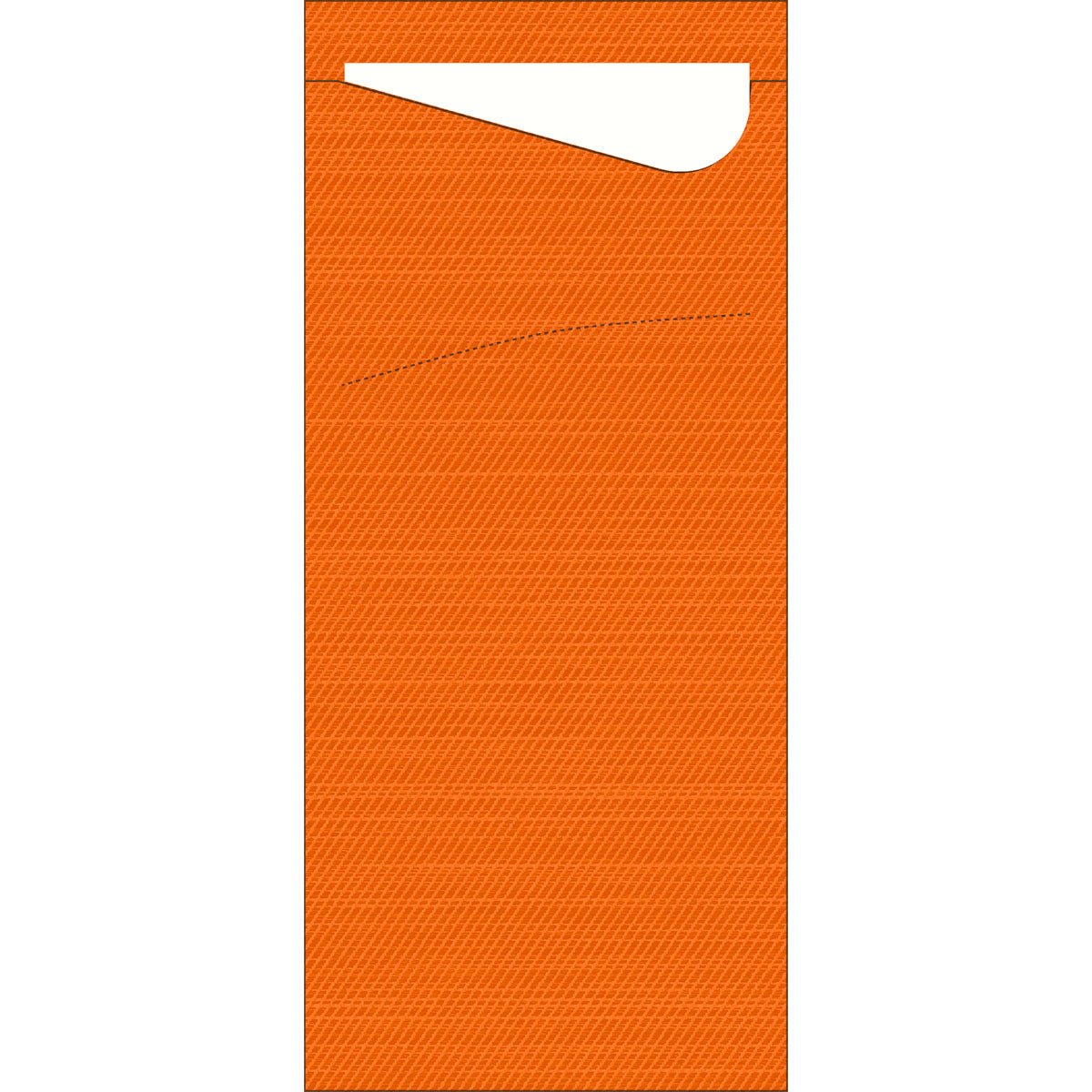 A rectangular, orange sleeping bag with a slightly open top flap revealing a white interior - similar to a Sacchetto Zelltuch 190 x 85 mm by Duni GmbH. The bag has a textured, diagonally running pattern on the surface.