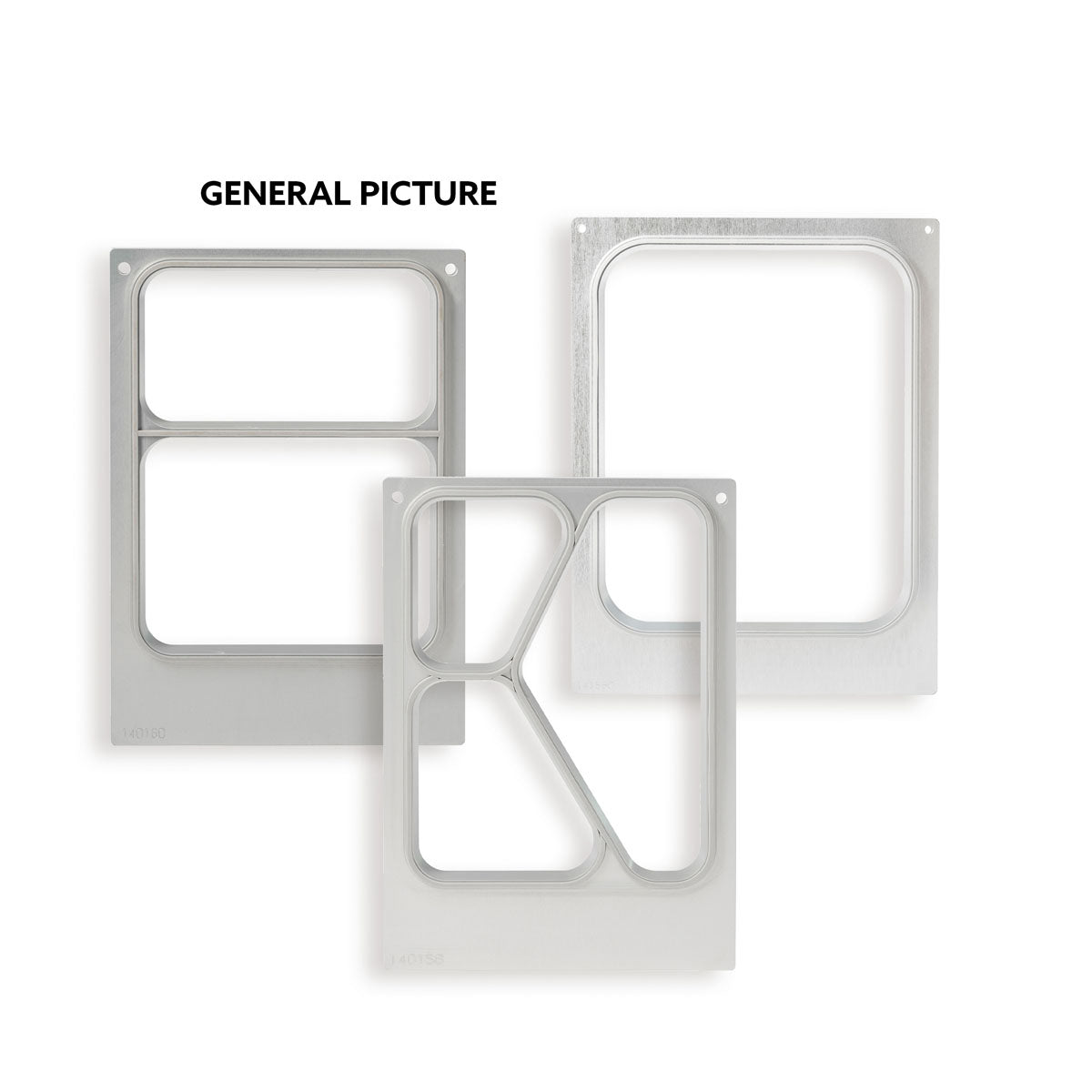 Three cassette DF15/25 2-comp for Fibretray Caterline 640/465 ml plate from Duni GmbH, each with different cutouts, are arranged vertically against a white background. Above the left plate is "GENERAL PICTURE".