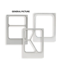 Three cassette DF15/25 2-comp for Fibretray Caterline 640/465 ml plate from Duni GmbH, each with different cutouts, are arranged vertically against a white background. Above the left plate is "GENERAL PICTURE".