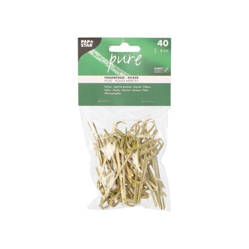 40 pieces PAPSTAR finger food skewers "pure" 6 cm in a clear plastic bag from PAPSTAR GmbH with a green-white label - ideal for stylishly serving finger food.
