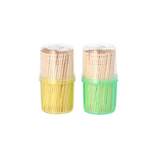 Two PAPSTAR dispenser containers made of clear plastic (each containing 6.5 cm round wooden toothpicks, 400 pieces, by PAPSTAR GmbH) are ideal for finger food at parties. One container is yellow, the other green; both have clear lids and are placed side by side on white.