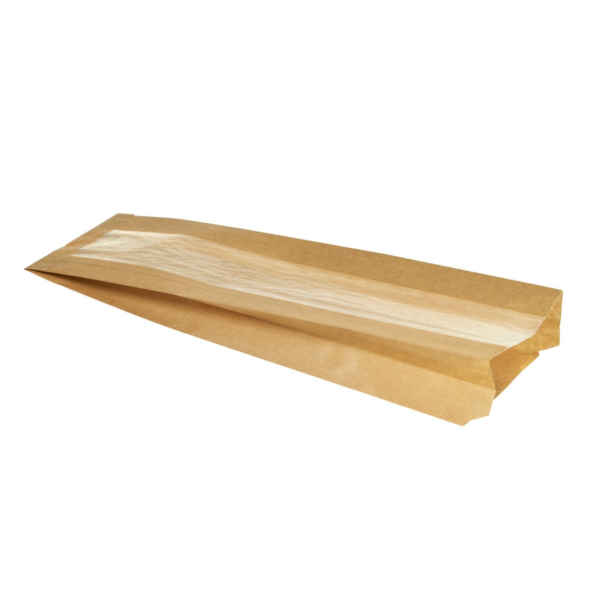 The Duni GmbH paper bag for baguettes, brown cardboard/cellulose, 370x100x50 mm, package (1000 pieces), features a clear window and is perfect as an eco-friendly packaging for baked goods - ideal for bakeries. Pictured on a white background.