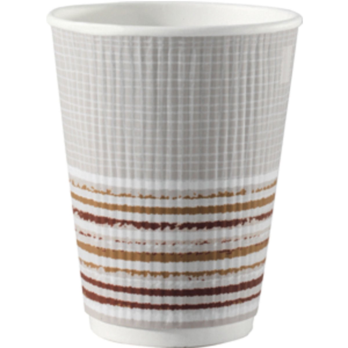 The Duni GmbH Triple Wall Stripe Thermo Cup 240 ml, White with red, brown, and yellow stripes made of PAP/PLA with triple wall insulation keeps drinks hot; pack contains 25 eco-friendly cups.