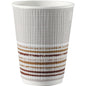 The Duni GmbH Triple Wall Stripe Thermo Cup 240 ml, White with red, brown, and yellow stripes made of PAP/PLA with triple wall insulation keeps drinks hot; pack contains 25 eco-friendly cups.