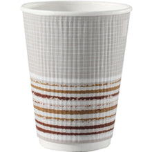 The Triple Wall Stripe Thermo Cup 350 ml from Duni GmbH made of PAP/PLA is white with a textured surface and brown-beige-red stripes at the bottom. The eco-friendly pack of 30 was photographed against a plain white background.
