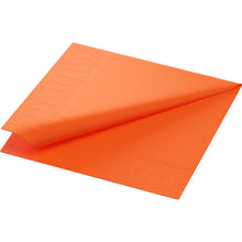 A Zellt.Serv.33x33 3-ply 1/8 BF napkin in sun orange from Duni GmbH, folded in 1/8 format with a patterned edge, is depicted lying flat on a white background. The package contains 250 napkins.