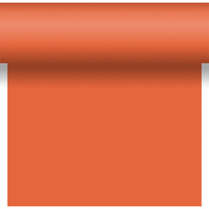 The Dunicel Tête-à-Tête table runner, measuring 24 m x 0.4 m (20 sections), from Duni GmbH in solid orange, features a smooth texture—ideal for a vibrant table setting or stylish tête-à-tête arrangements.