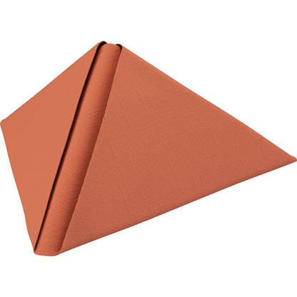 A single rust-colored Dunilin napkin 40 x 40 cm 1/4 fold from Duni GmbH is folded into a standing triangular pyramid shape against a white background.