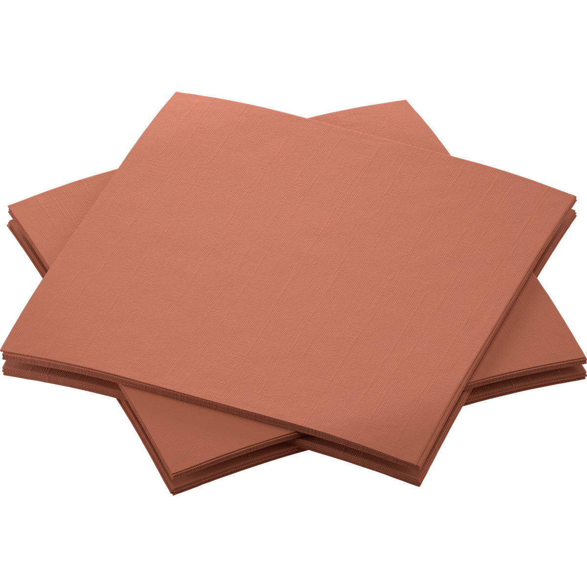 Four stacks of Dunisoft napkins 20 x 20 cm from Duni GmbH in brown are arranged overlapping and neatly on a white background. The unused napkins show a subtle textured pattern.
