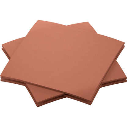 Four stacks of Dunisoft napkins 20 x 20 cm from Duni GmbH in brown are arranged overlapping and neatly on a white background. The unused napkins show a subtle textured pattern.