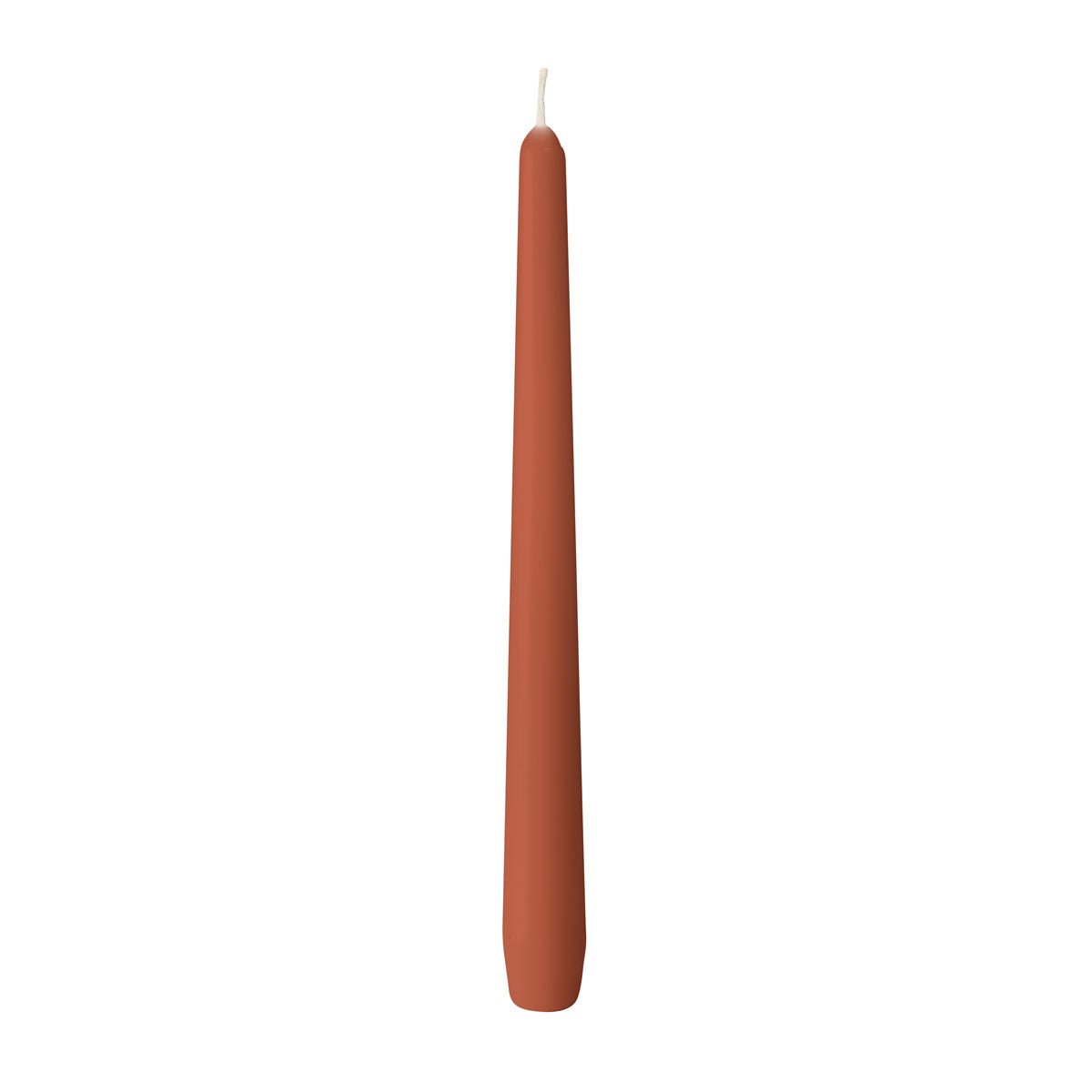 An unlit taper candle from Duni GmbH (approx. 7h, 250 x 22 mm) with a reddish-brown hue and visible wick stands upright against a plain white background.
