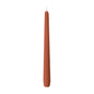 An unlit taper candle from Duni GmbH (approx. 7h, 250 x 22 mm) with a reddish-brown hue and visible wick stands upright against a plain white background.