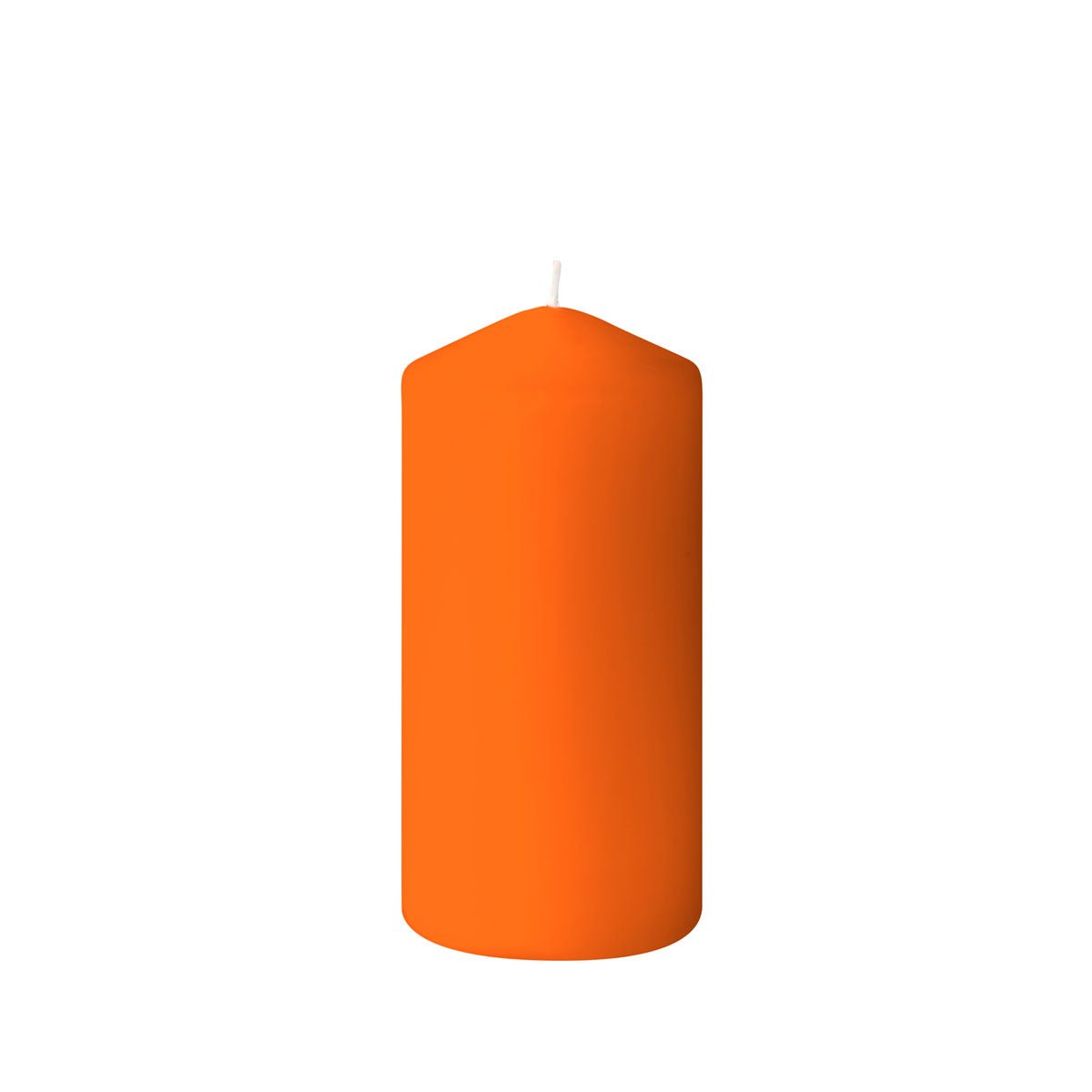 A pillar candle (150 x 70 mm) by Duni GmbH with a smooth, orange surface and unburned wick stands upright on a plain white background, offering up to 50 hours of burn time for a cozy ambiance.