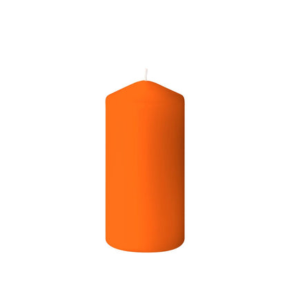 A pillar candle (150 x 70 mm) by Duni GmbH with a smooth, orange surface and unburned wick stands upright on a plain white background, offering up to 50 hours of burn time for a cozy ambiance.