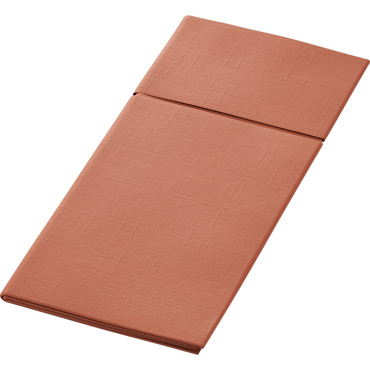 The Duniletto 480 x 400 mm from Duni GmbH is a folded, rectangular coaster in light brown or terracotta with a texture pattern - a stylish table accessory and practical cutlery pouch for any set table.