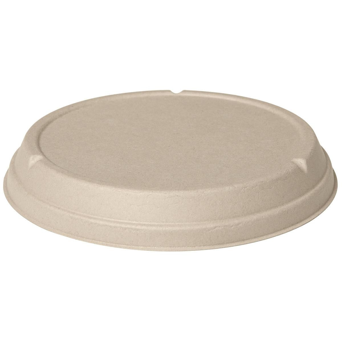 The Bagasse Lid Classic 800-1200 ml from Duni GmbH is a brown, round lid made of sustainable bagasse with a flat surface and three small notches on a white background - perfect for eco-friendly packaging (Pack, 40 pieces).