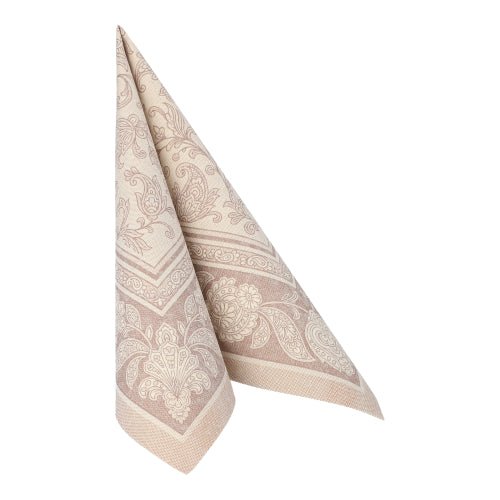 A neatly folded PAPSTAR 50 napkins "ROYAL Collection" 40 x 40 cm in mocca, upright and pointed at the top, from PAPSTAR GmbH.