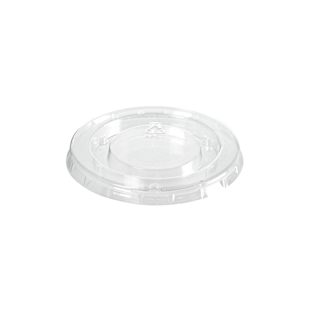 The rPET lid dressing cup 30 / 60 ml from Duni GmbH is a clear, round, transparent lid with a raised center and an embossed recycling symbol, highlighting its environmentally friendly design. It is depicted on a white background. Package: 150 pieces.