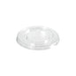 The rPET lid dressing cup 30 / 60 ml from Duni GmbH is a clear, round, transparent lid with a raised center and an embossed recycling symbol, highlighting its environmentally friendly design. It is depicted on a white background. Package: 150 pieces.