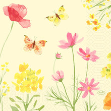 The napkins 33x33 cm, Poppy Field Design by Duni GmbH feature a watercolor design of pink and yellow wildflowers and butterflies on a light background; the pack contains 250 elegant napkins.