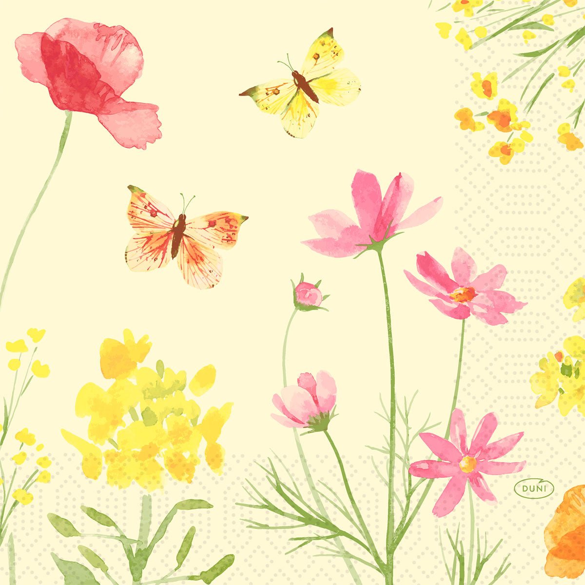 Watercolor illustration of pink and yellow wildflowers with butterflies against a light background - perfect for Duni GmbH napkins 33x33 cm, Poppy Field Design | Pack (50 pieces).