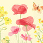 Watercolor illustration of red and pink poppies, yellow wildflowers, and a butterfly on a light beige background. Napkin, 24x24 3-ply 1/4 by Duni GmbH - perfect for special occasions in a delicate, picturesque style.