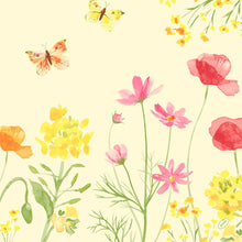 Watercolored wildflowers in yellow, pink, and orange with butterflies adorn the Duni GmbH napkins 40x40 cm, 4-ply, Classic Poppy Field (50 pieces). The light cream-colored background provides elegance for special occasions.