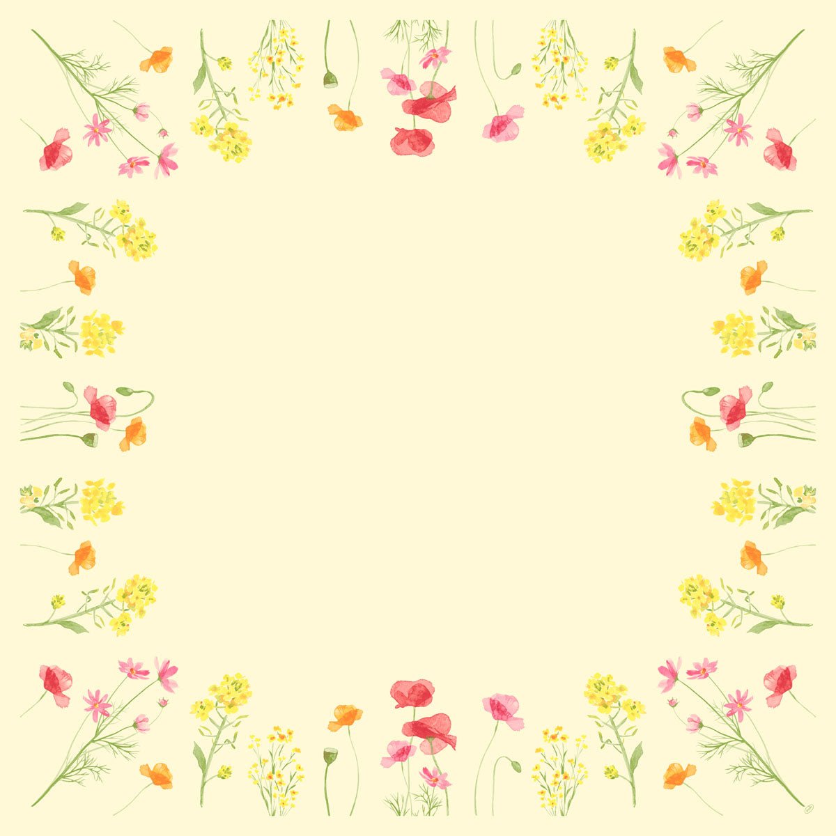 The Dunicel table cover 84x84 cm Poppy Field by Duni GmbH features a square floral border in watercolor style with yellow, pink, and orange blossoms on a light yellow background - ideal for an elegant table decoration. Package: 20 pieces.