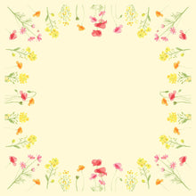 The Dunicel table cover 84x84 cm Poppy Field by Duni GmbH features a square floral border in watercolor style with yellow, pink, and orange blossoms on a light yellow background - ideal for an elegant table decoration. Package: 20 pieces.