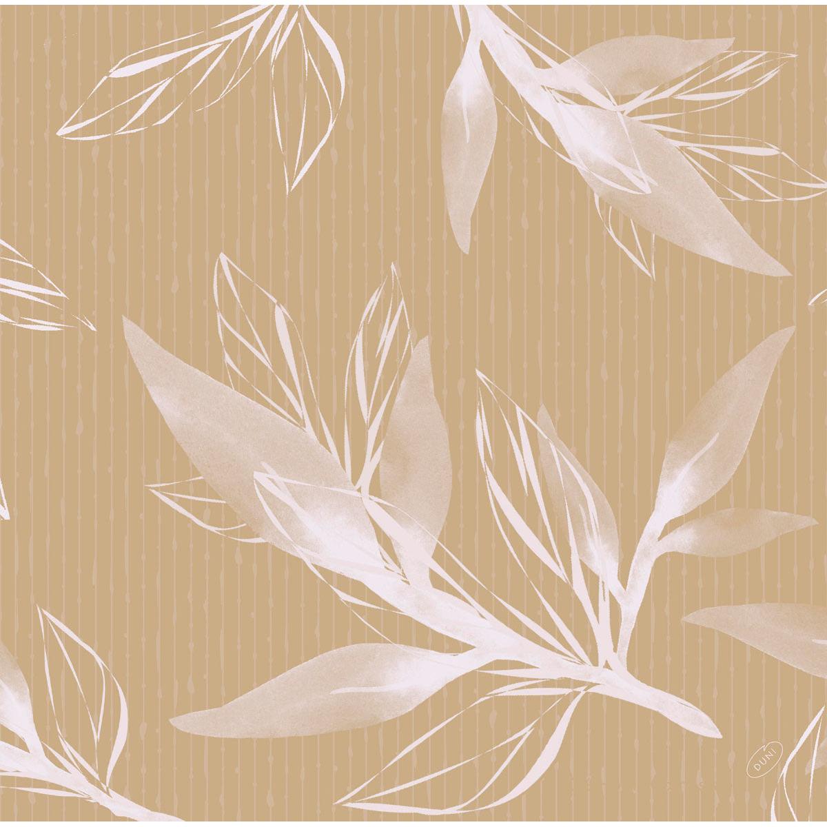 A seamless pattern of white, translucent botanical leaves overlays a light brown background with thin vertical lines - ideal for high-quality Dunisoft napkins 40 x 40 cm 1/4 fold by Duni GmbH, creating a layered look with stylized foliage.