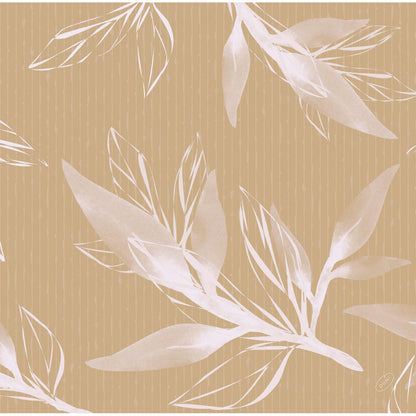 A seamless pattern of white, translucent botanical leaves overlays a light brown background with thin vertical lines - ideal for high-quality Dunisoft napkins 40 x 40 cm 1/4 fold by Duni GmbH, creating a layered look with stylized foliage.