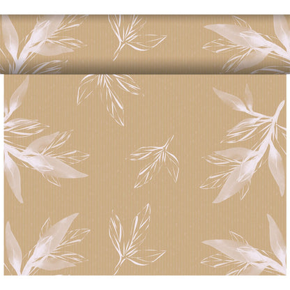 A roll of light brown wallpaper with subtle stripes and white botanical leaves pairs perfectly with the Dunicel Tête-à-Tête table runner (24 m x 0.4 m, 20 sections) from Duni GmbH for stylish table decor.