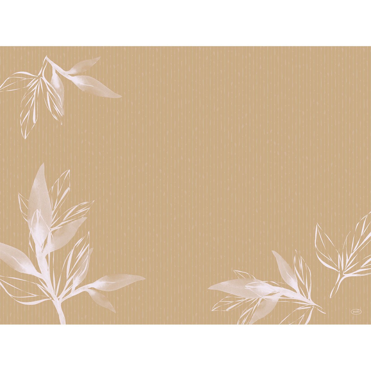 A light brown background with thin vertical lines and white, semi-transparent leaf patterns in three corners. The empty center makes the 30x40 cm Eco Leaves paper placemats by Duni GmbH ideal for environmentally friendly table settings. Package: 250 pieces.