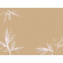 A light brown background with thin vertical lines and white, semi-transparent leaf patterns in three corners. The empty center makes the 30x40 cm Eco Leaves paper placemats by Duni GmbH ideal for environmentally friendly table settings. Package: 250 pieces.