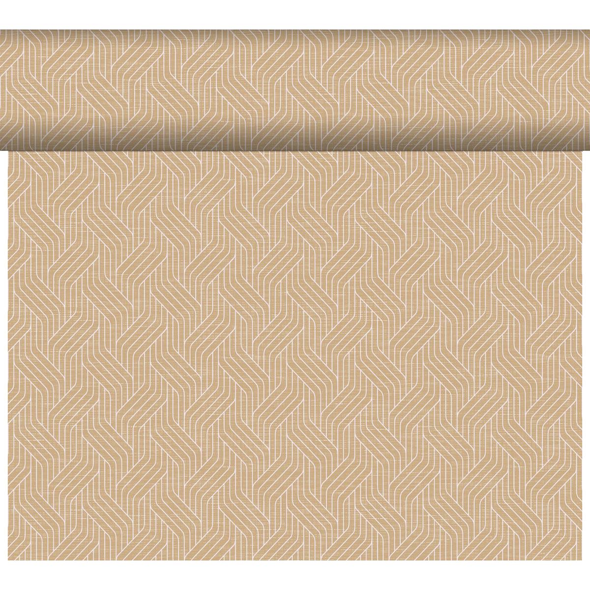 The Dunicel Tête-à-Tête table runner (24 m x 0.4 m, 20 sections) from Duni GmbH features a striking geometric herringbone pattern in beige and cream—ideal as a stylish backdrop for tête-à-tête dinners or elegant table decorations.