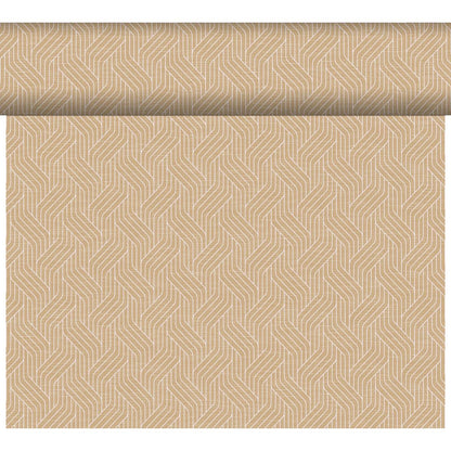 The Dunicel Tête-à-Tête table runner (24 m x 0.4 m, 20 sections) from Duni GmbH features a striking geometric herringbone pattern in beige and cream—ideal as a stylish backdrop for tête-à-tête dinners or elegant table decorations.