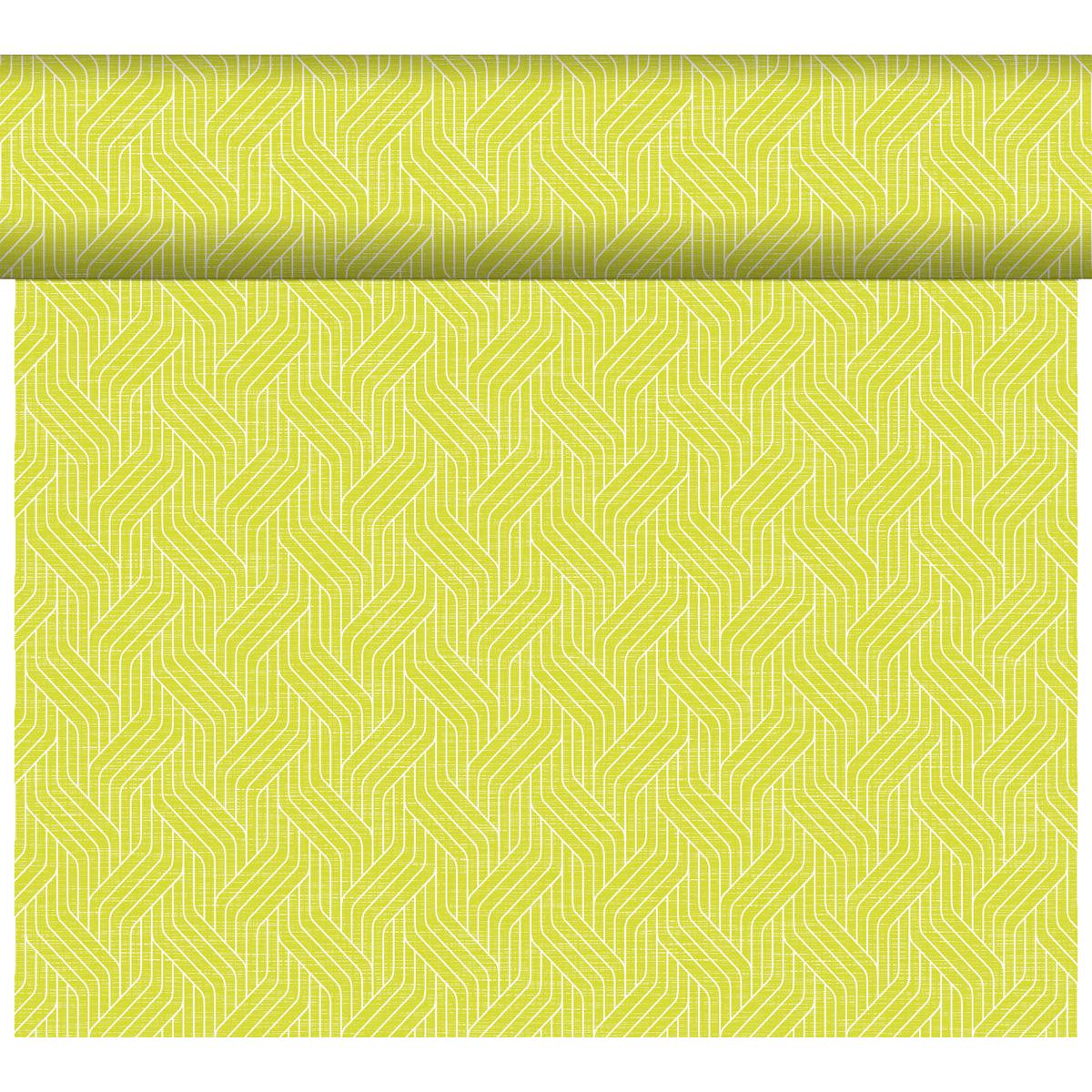 The Dunicel Tête-à-Tête table runner, measuring 24 m x 0.4 m (20 sections), from Duni GmbH features an interlocking zigzag pattern in light yellow and lime green, ideal for modern table settings; here, it is partially unrolled against a white background.