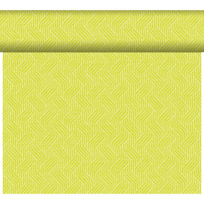 The Dunicel Tête-à-Tête table runner, measuring 24 m x 0.4 m (20 sections), from Duni GmbH features an interlocking zigzag pattern in light yellow and lime green, ideal for modern table settings; here, it is partially unrolled against a white background.