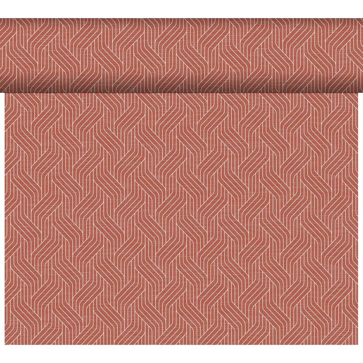 The Dunicel "Tête-à-Tête" table runner from Duni GmbH (24 m × 0.4 m, 20 sections) features a geometric, white, interlocking line pattern on a muted reddish-brown background, ideal for stylish table decor or creative inspiration.
