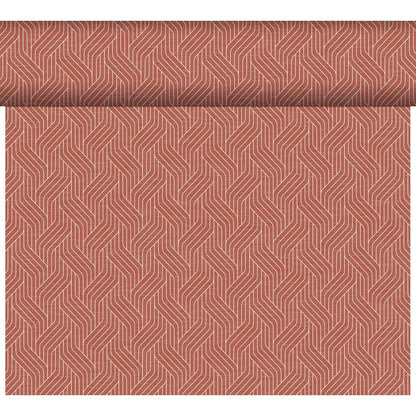 The Dunicel "Tête-à-Tête" table runner from Duni GmbH (24 m × 0.4 m, 20 sections) features a geometric, white, interlocking line pattern on a muted reddish-brown background, ideal for stylish table decor or creative inspiration.