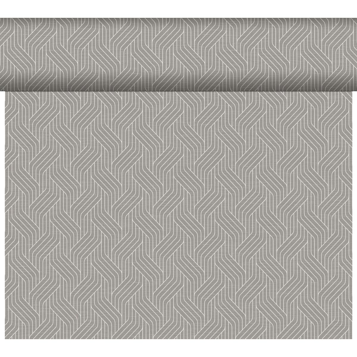 The Dunicel Tête-à-Tête table runner (24 m x 0.4 m, 20 sections) from Duni GmbH features a repeating geometric pattern in light and dark gray—ideal for adding a modern touch to your table setting or tête-à-tête.