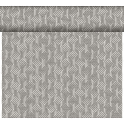 The Dunicel Tête-à-Tête table runner (24 m x 0.4 m, 20 sections) from Duni GmbH features a repeating geometric pattern in light and dark gray—ideal for adding a modern touch to your table setting or tête-à-tête.