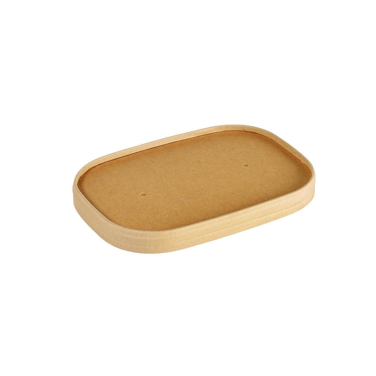 Portrait view of the Duni GmbH cardboard lid BRICK MEDIUM 500-1000 ml, a brown FSC/PLA-coated cardboard (170x117x17 mm) with rounded corners and eco-friendly cardboard lid, on a solid white background. Packaging: 25 pieces.