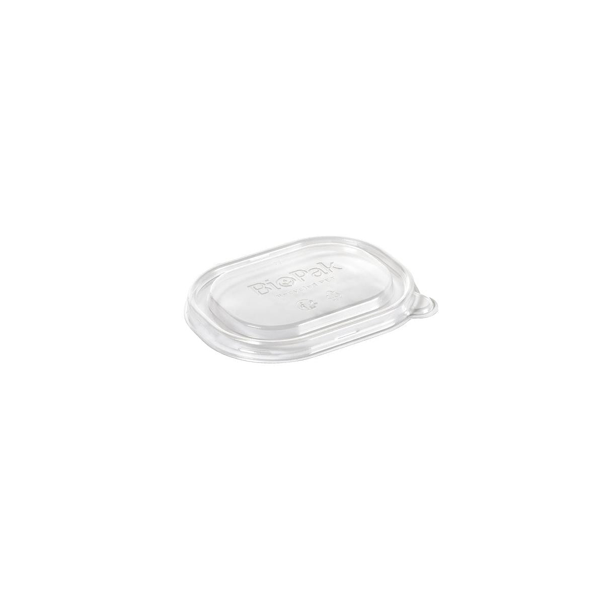A transparent, rectangular rPET lid (BRICK MINI 150/250 ml, 113x86x11 mm) made of recycled PET by Duni GmbH, depicted on a white background. The package contains 50 pieces.