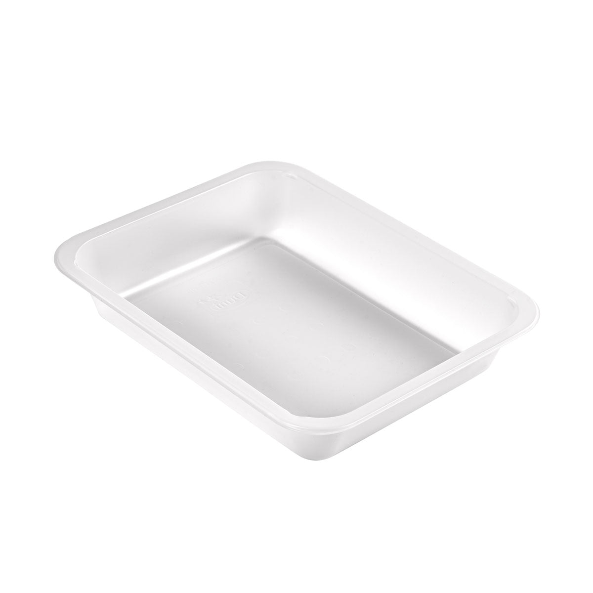 A transparent, rectangular PP tray Caterline 1 (227x178x40 mm) from Duni GmbH with raised edges and rounded corners is presented on a white background - an ideal packaging solution. Package: 216 pieces.