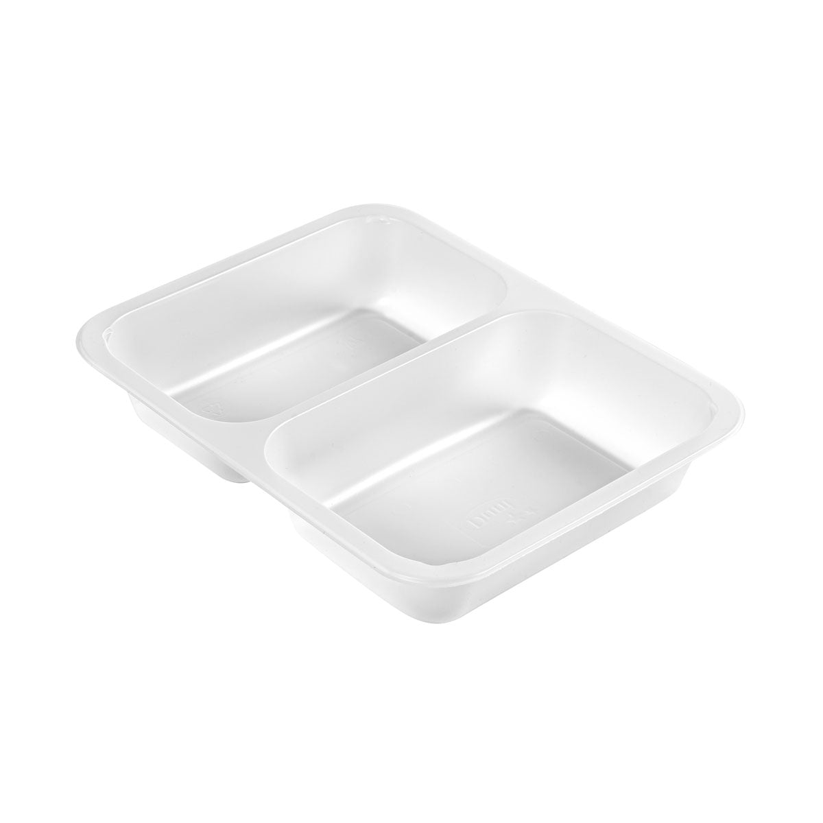 Pictured is a transparent PP tray Caterline 2 (227x178x40 mm) from Duni GmbH with two compartments on a solid white background. The package contains 216 pieces.