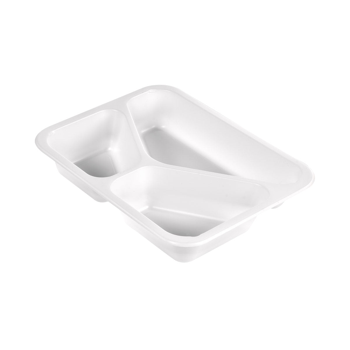 The Duni GmbH PP Tray Caterline 3 Transparent PP Food Tray (227x178x40 mm, pack of 216 pieces) is equipped with three compartments, ideal for gastronomy or catering, depicted on a simple white background.
