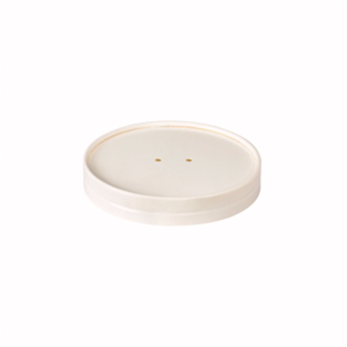 A round, flat, cream-colored Coppa lid carton 250/350 ml White from Duni GmbH (116x116x10 mm, 50 pieces) with two small holes near the center is depicted on a plain white background.